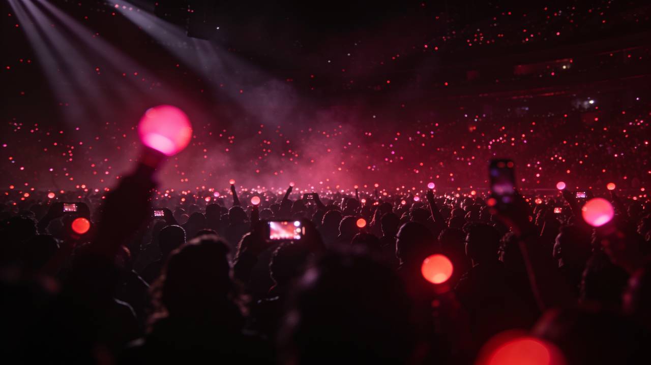 Crimson crowd glow filling the arena while a live duel round is running