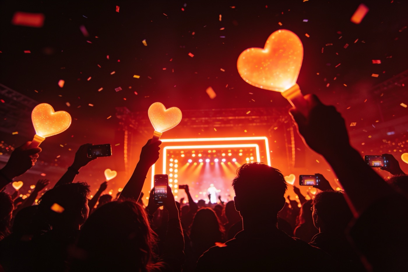 Live crowd waving glowing hearts and voting during an AI duel on Swipey
